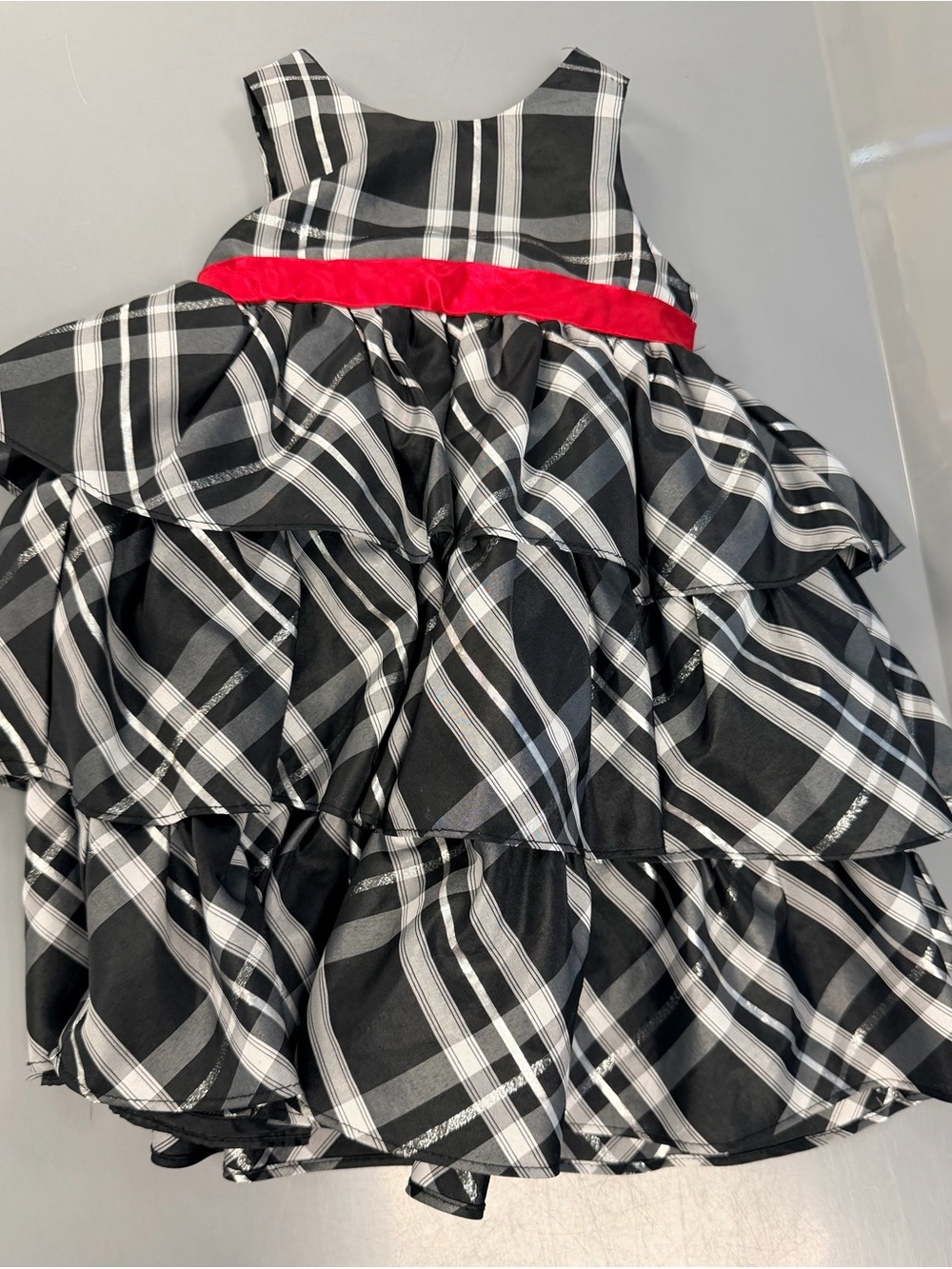 Cherokee Black & White Plaid Tiered dress with Red Waistband size 2t